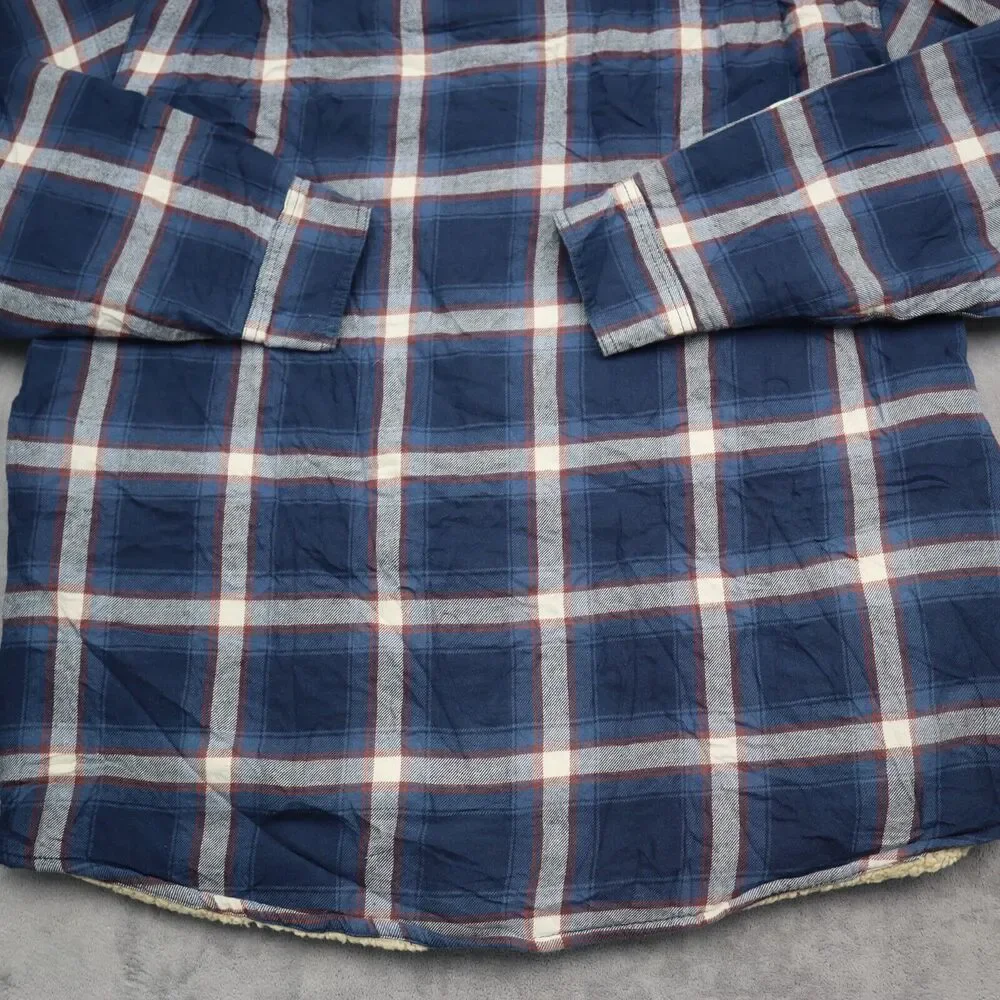 Wrangler Shacket Mens Large Blue Plaid Quilted Flannel Shirt Jacket Button Up